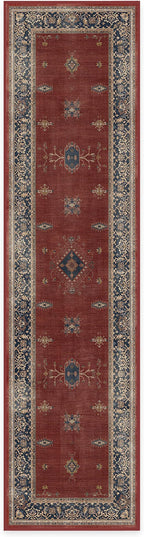 RUGGABLE Washable Vintage Runner Rug – Verena Amber Red 2.5x10, Stain-Resistant, Non-Slip Hallway Runner – Machine Washable Rug for Hallway, Entryway, Living Room & Kitchen–with Cushioned Pad