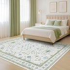 Cream Oushak 6x9 Bedroom Rug - Boho Floral Cool Blue and Green, Washable Low Pile Non-Slip Ultra-Thin Large Area Rugs for Bed Room, Living Room, Playroom