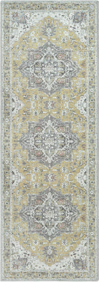 Bloom Rugs Washable Non-Slip 12 ft Runner - Yellow Traditional Medallion Runner for Entryway, Hallway, Bathroom, and Kitchen - Exact Size: 2.5' x 12'