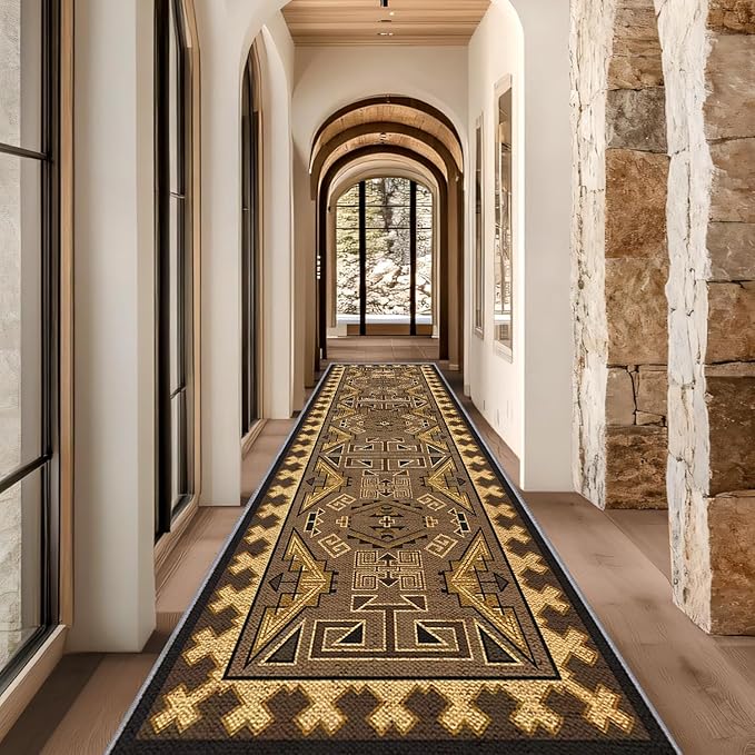 Brown Geometric Runner Rug, 2x10ft Hallway Runner Washable Rug, Corridor & Foyer High-Traffic Rugs, Indoor Durable Non-Slip Mat, Vintage Southwestern Decorative Home Carpet