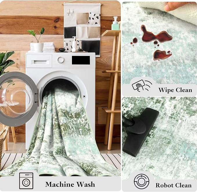 Washable Abstract Runner Rug, 2x6 Modern Area Rugs with Non-Slip Rubber Backed for Kitchen, Thin but Soft Contemporary Carpet Bedroom Entryway Hallway Decor, Green