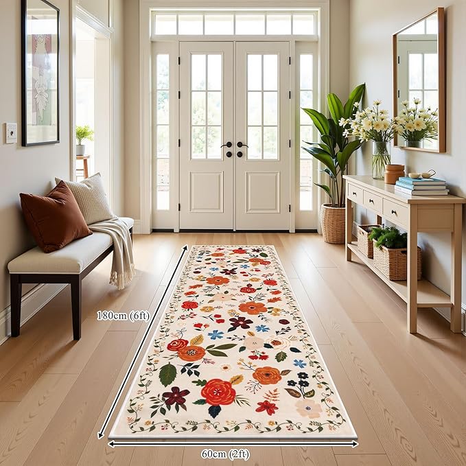 U'Artlines 2'x6' Boho Runner Rug for Hallways Kitchen Colorful Floral Soft Non Slip Washable Floor Carpet Runners for Entryway Laundry Room Bathroom Beige