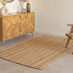 HOMEMONDE Natural Braided Jute Area Rug - 8'x10' Off White Stripe Eco Friendly Premium Fiber - Durable and Reversible Boho Farmhouse Decor Rugs for Living Room, Bedroom, Dinning Room, Kitchen, Office