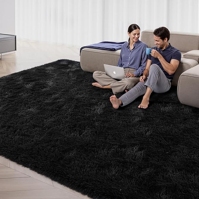 Zentavio 8x10 Black Area Rugs for Living Room Clearance Bedroom Large Men Room Carpet Fluffy Furry Shag Aesthetic Plush High Pile Floor Rug for Nursery Kids Room Dorm Home Decor