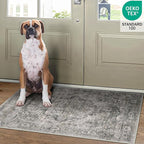 2x3 Machine Washable Area Rug for Entryway, Olive Grey Boho Vintage Floral Rug Non-Slip Low Pile Soft Faux Wool Small Carpet, Kids and Pets Friendly for Bedroom Kitchen Hallway Bedside Home Decor Rug