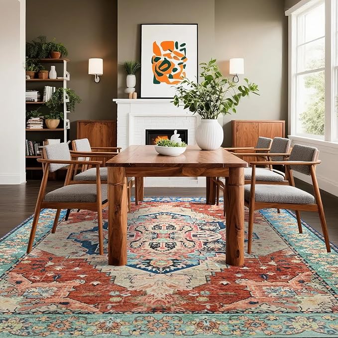 Large Area Rugs 8x10, Low Pile Washable Rugs, Soft Vintage Distressed Rugs for Living Room Bedroom, Office, Dining Room, Water Repellent & Non Shedding, Terracotta
