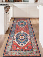 SERISSA Boho Kitchen Runner Rug, 3x7 Washable Non-Slip Runner Rug for Hallways Kitchen Rug, Ultra Soft Vintage Rust Print Distressed Tribal Floor Carpet Runner for Bedroom Entryway Laundry Room