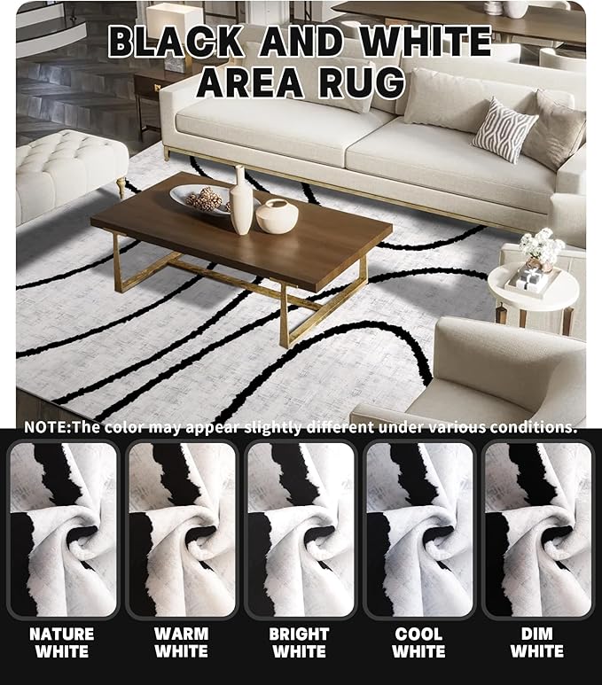YIHOUSE Modern Area Rugs for Living Room, 9x12 Washable Black and White Rug, Thin Abstract Geometric Striped Rug, Area Rug for Bedroom,Kitchen,Dining Room,Office