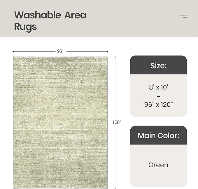 Valenrug Washable Rug 8x10 - Stain Resistant 8x10 Area Rugs for Living Room, Non Slip Backing Printed Rugs for Bedroom, Folable Machine Washable Area Rug (8'x10', Green)