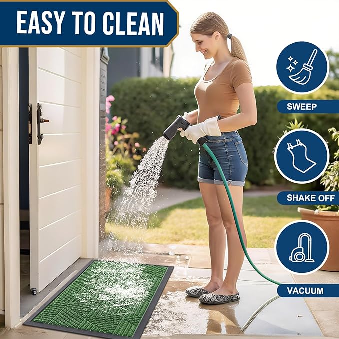 Kitinjoy Front Door Mat Outside Entrance, Sturdy Natural Dirt Trapper, Heavy Duty Rubber Doormat, Low Profile Non-Slip Backing, Easy Clean Floor Mat for Indoor Outdoor Entry, 35X23 Inch, Green
