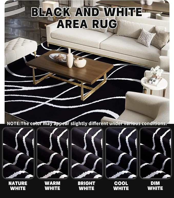 YIHOUSE Black Modern Area Rug 5x7,Abstract Rugs for Bedroom,Black and White Geometric Rug,Minimalist Striped Rug,Dark Washable Area Rugs 5x7 Non Slip Throw Rugs for Bedroom，Office