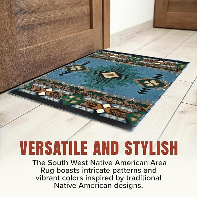 YHSF South West Native American Area Rug C318 - Easy Clean, Thick, Soft, Durable Native Tribal American Indian Inspired Rug for Bedroom/Living Room and More - Blue-Green, 5 ft 11 in x 8 ft 6 in