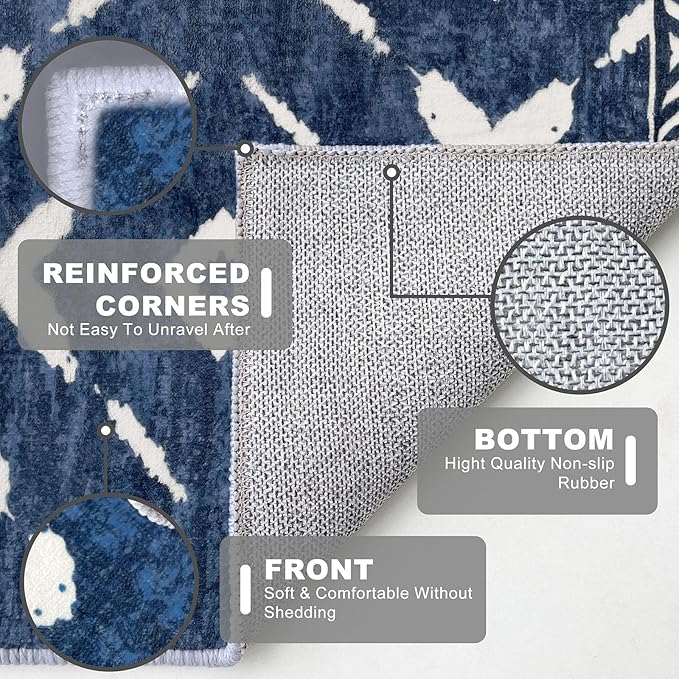 KILOCOCO Living Room Rug 5x7 Area Rug Printed Boho Washable Bedroom Rugs Non Slip Soft Large Moroccan Rubber Backed Indoor Rugs for Dining Room Office Farmhouse Geometric Carpet, Blue