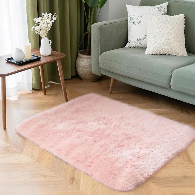 2x3 Solid Fluffy Pink Area Rug – Washable, Durable, Small Bedroom Rug, Non-Slip High Pile Shag Rugs for Living Room, Bedroom, Bedside, Dorms,Grils Rooms, Kids Room, Soft Indoor Floor Carpet