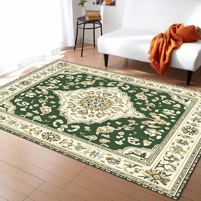 Green Bohemian Rectangular Area Rugs for Living Room Bedroom 5 x 8 ft Vintage Farmhouse Floral Pattern Non-Shedding Soft Low Pile Rug Non Slip Washable Rug for Nursery Entryway Playroom