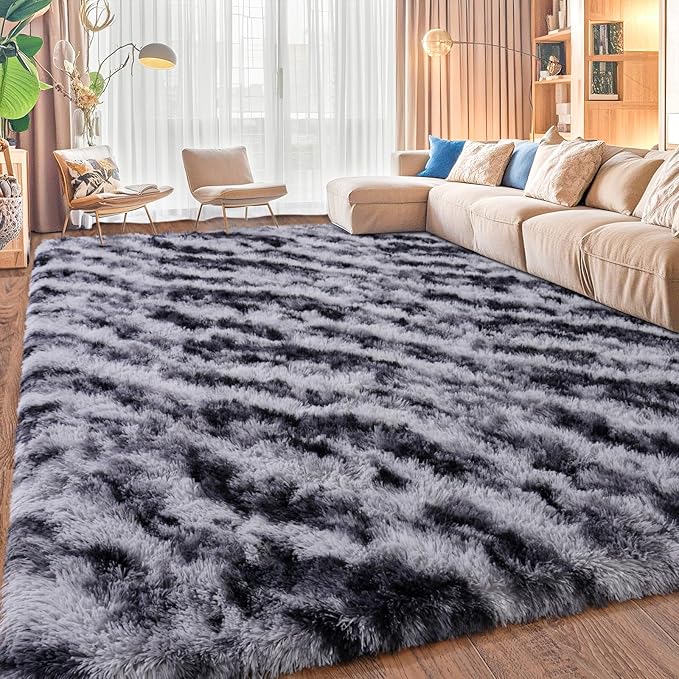 Shaggy Modern Shag Area Rug for Bedroom, Upgrade Non-Slip Plush Fluffy Carpet for Kids Room Home Decor, Plush Area Rug Tie Dye Stripes 5x7Ft