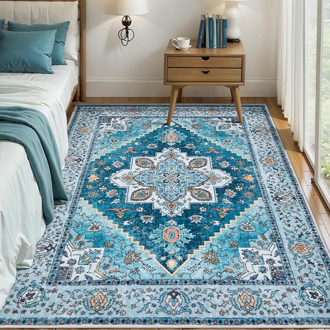 Tangsoo 5x7 Area Rug Washable Rugs for Living Room, Vintage Indoor Non Slip Large Area Rugs, Print Carpet, Soft Low Pile Rug Foldable Floor Rug for Bedroom Dining Room Dorm Blue