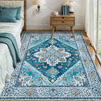 Tangsoo Blue 4x6 Area Rug, Vintage Washable Non Slip Indoor Rugs, Oriental Machine Washable Rug Carpet, Soft Low Pile Foldable Floor Rugs for Dining Room Bedroom Living Room Home Decor