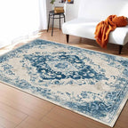 Blue Bohemian Rectangular Area Rugs for Living Room Bedroom 5 x 8 ft Vintage Farmhouse Floral Pattern Non-Shedding Soft Low Pile Rug Non Slip Washable Rug for Nursery Entryway Playroom
