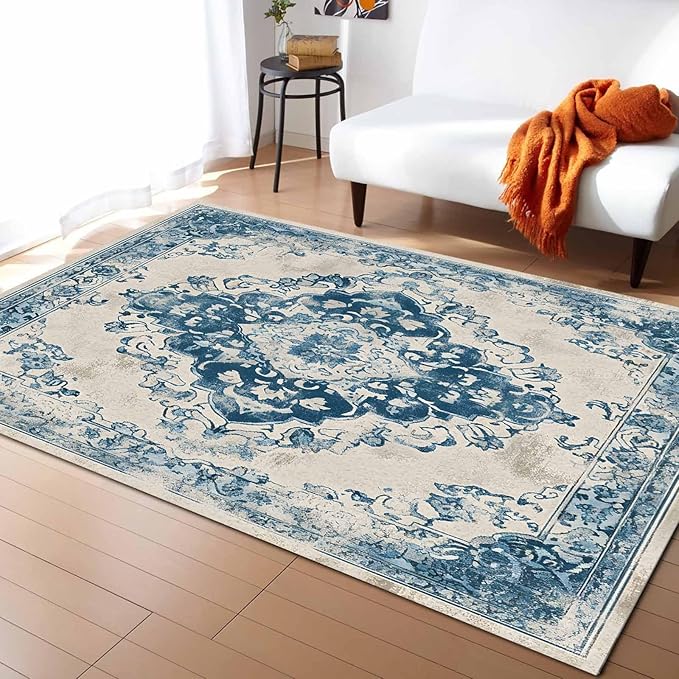 Blue Bohemian Rectangular Area Rugs for Living Room Bedroom 5 x 8 ft Vintage Farmhouse Floral Pattern Non-Shedding Soft Low Pile Rug Non Slip Washable Rug for Nursery Entryway Playroom