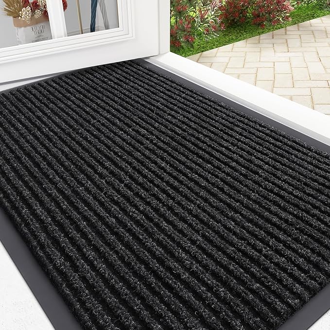 OLANLY Front Door Mat Indoor Outdoor Entrance, Waterproof Heavy Duty Doormat, Fade Resistant, Low Profile, Easy Clean Patio Porch Welcome Floor Mats for Entry, 35x23, Off-Black