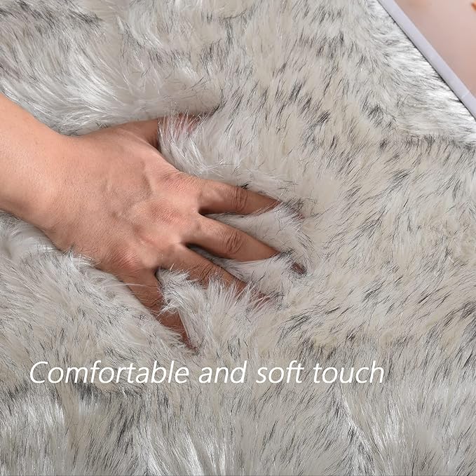 Latepis Rugs for Living Room Faux Fur Rug 5x6.7 White with Grey Tips Washable Sheepskin Rugs Bedside Shag Rug for Bedroom Dorm Home Decor Rectangle