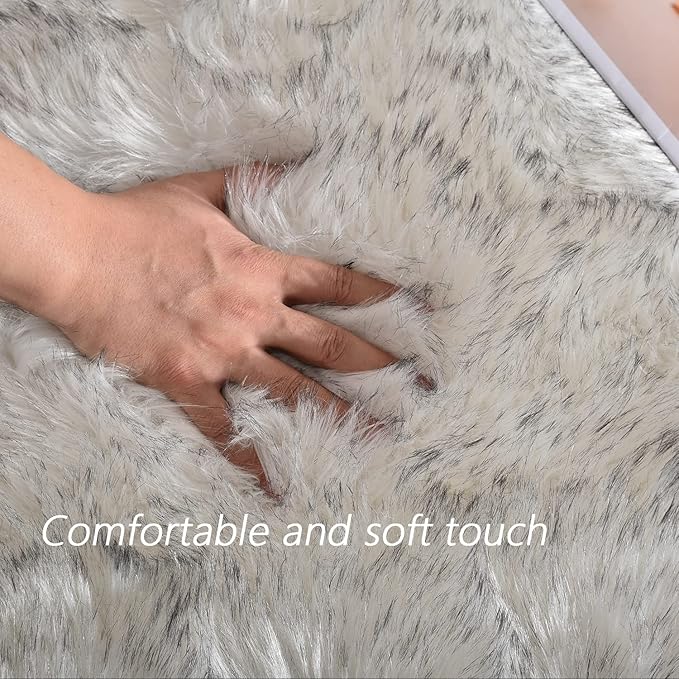 Latepis 12x12 Rugs for Living Room Super Large Faux Sheepskin Fur Rug White with Grey Tips Area Rugs Sofa Fluffy Rug Shag Rug for Bedroom Home Office Entertainment Room, Square