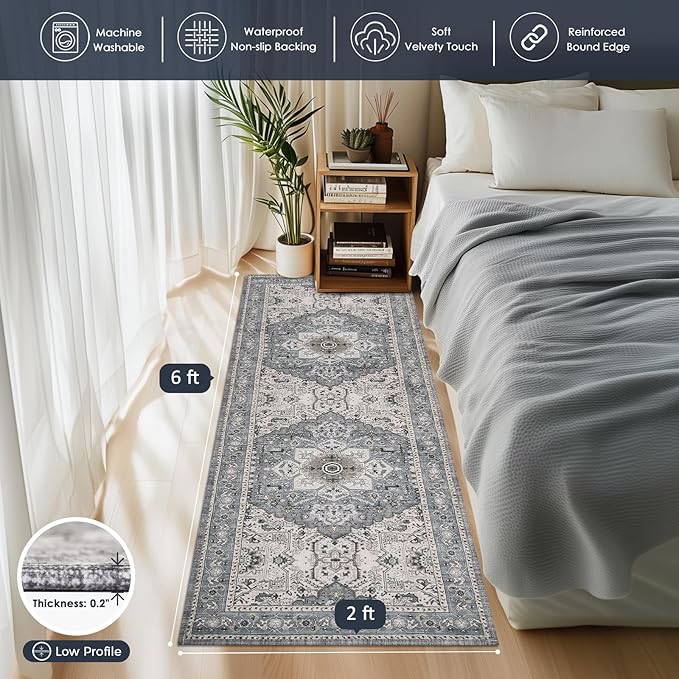 PURRUGS Vintage Farmhouse Boho Runner Rug 2x6 ft, Non-Slip Machine Washable Rug, Accent Oriental Area Rug for Kitchen, Hallway, Entryway, Bedroom, Living Room & Dining Room, Periwinkle Gray/Soft Ivory