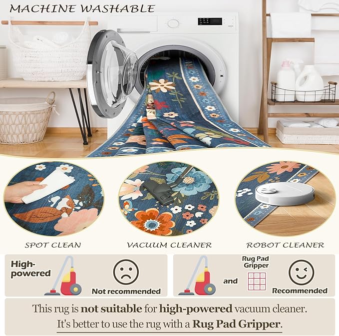 Floral 3x5 Area Rug Machine Washable Soft Print Boho Carpet Non Slip Doormat Low Pile Flower Area Rugs for Living Room Bedroom Nursery Kitchen Dining Room Indoor-Blue/Grey