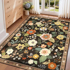Floral 4x6 Area Rug Machine Washable Soft Print Boho Carpet Non Slip Doormat Low Pile Flower Area Rugs for Living Room Bedroom Nursery Kitchen Dining Room Indoor-Black/Yellow/Red