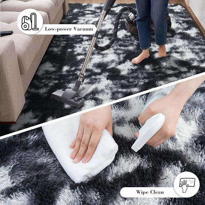 Fluffy Rug Shaggy Area Rug, Mottling Black 4x6 Area Rugs for Bedroom, Small Bedside Rug, Soft Fluffy Shaggy Entryway Throw Rugs for Living Room Bedroom Kids Room Home Decor