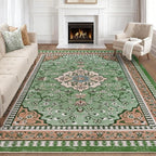 Luxury 5' x 7' Green Washable Area Rugs, Boho Low Pile Easy Clean Non-Slip Rug, Floral Medallion Pattern Vintage Rugs for Living Room, Dinning Room, Office, Bedroom, Bathroom, Laundry Room, Farmhouse