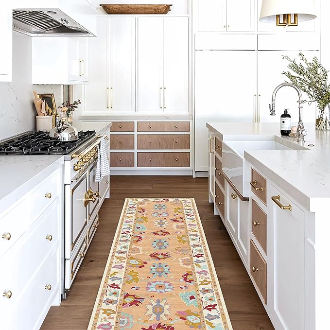 Fame Living Orange Oushak Runner Rug, Modern Runners, Vintage, Turkish, Eclectic, Floral, Pastel, Washable, Runner for Hallway, Kitchen, Bedroom, Bathroom, 2'5"x9'8"