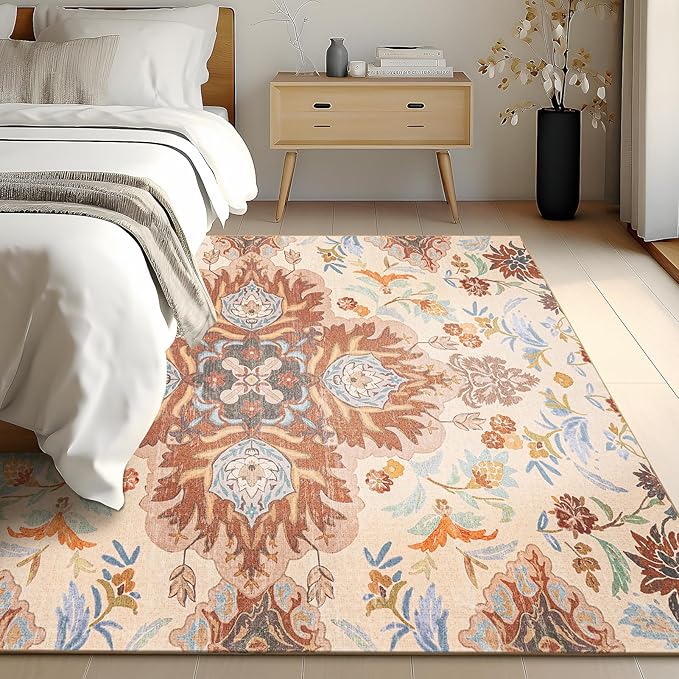 Phantoscope Washable Area Rug 6'x9' Non-Slip, Vintage Boho Rugs for Living Room, Bedroom, Dining Room, Fall Orange Floral Medallion Pattern, Low-Pile Foldable Floor Carpet, Rust/Multi Floral