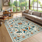 Moynesa Floral Bird 6x9 Area Rug for Living Room Bedroom Dining Room, Retro Home Decorations for Modern Bohemian Farmhouse Open Areas, Family Friendly Comfort Floor Protection Non-Slip Washable