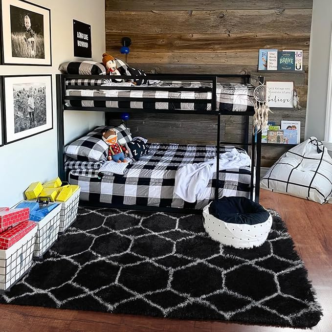 ONASAR Area Rugs for Bedroom Living Room, Fluffy 4x6 Black and White Rug, Geometric Washable Shaggy Plush Bedside Indoor Floor Carpet for Nursery Kids Teens Girls Boys Dorm Home Office Decor