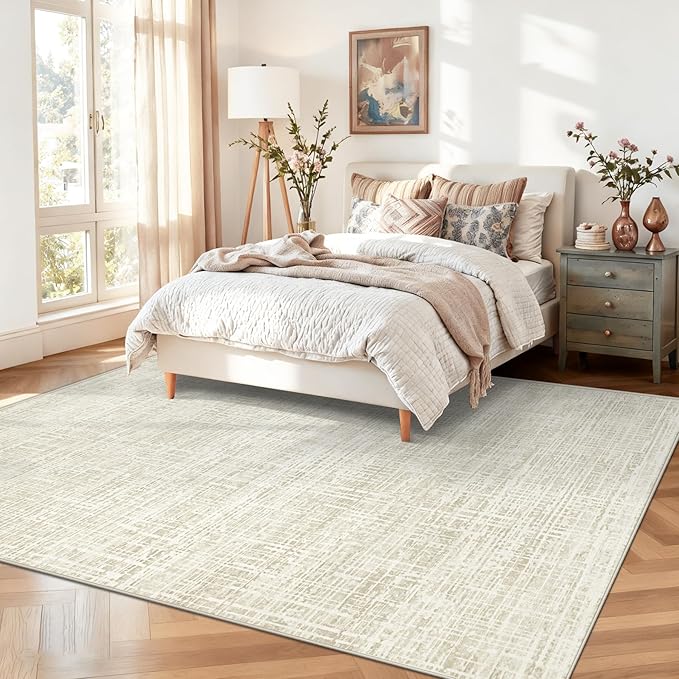 5x7 Area Rugs for Living Room, Washable Large Area Rug Neutral Modern Abstract Bedroom Rug Soft Non Slip Low Pile Stain Resistant Indoor Carpet for Nursery Kids Dining Room Office(Beige, 5'x7')