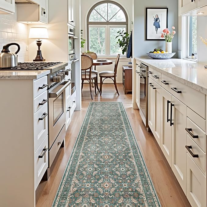 WITSHOCK Washable 3x10 Long Runners Rugs for Hallways,Vintage Neutral Hallway Rugs for Entryway Kitchen Bedroom,Vintage Farmhouse Home Decor(Teal Blue,3x10)