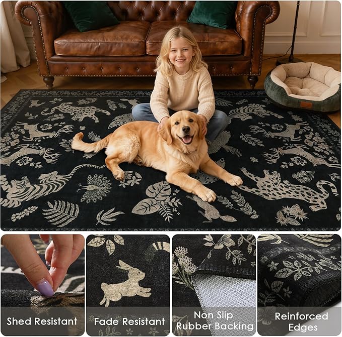 Moynesa Vintage Animal Washable Area Rugs 8x10, Retro Black Gold Area Rug for Living Room Bedroom Dining Room Office Study, Low Pile Soft Non Slip Stain-Resistant Carpets for Home Decor