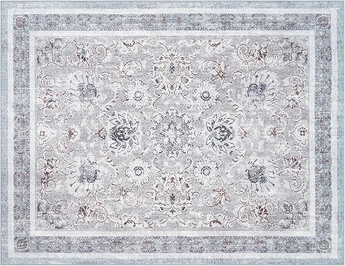 Phantoscope Washable Area Rug 9'x12' Non-Slip, Vintage Neutral Rugs for Living Room, Bedroom, Dining Room, Distressed Boho Floral Medallion Pattern, Low-Pile Foldable Floor Carpet, Light Grey/Neutral