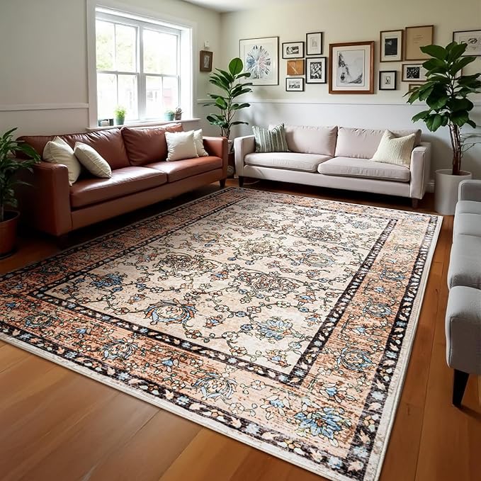 Area Rug for Living Room, 8x10 Machine Washable Non Slip Large Faux Wool Throw Rug, 0.3″ Low Pile & Non-Shedding Boho Large Carpet Rugs for for Dining Room, Bedroom, Office (Khaki)