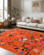 Boho Washable Area Rug 6x9 for Living Room, Bedroom, Office, Playroom, Kitchen or Dining Room, Soft Floral Carpet for Indoor Use, Easy Care Non-Slip Design (Orange)