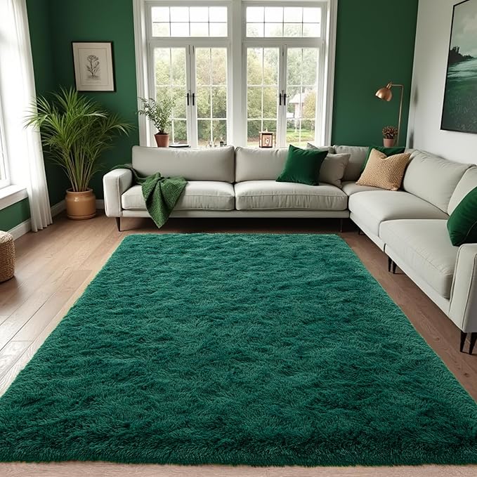 Zentavio Emerald Green Rugs for Bedroom 6x9 Dark Green Area Rugs for Living Room Fluffy Fake Grass Large Carpet for Kids Room Playroom Furry Shag Aesthetic Soft High Pile Washable Home Decor