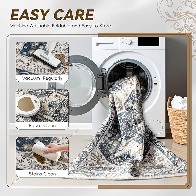 EnHomee 3x5 Washable Area Rugs for Bedroom, Boho Vintage Rugs, Foldable Area Rug for Dining Room, Non-Slip Soft Living Room Rug, Low Pile Large Carpet for Bathroom, Blue and Brown