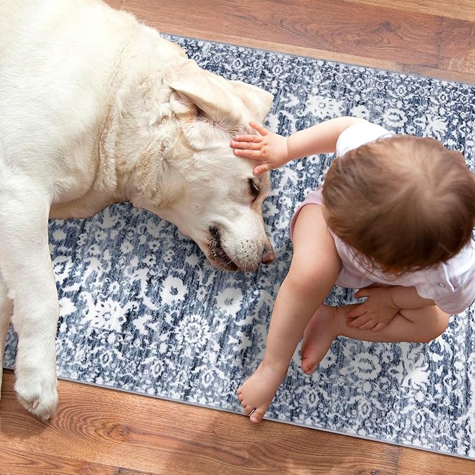Vintage Floral 3x5 Rug, Light Blue White Entryway Rug Small Area Rug Washable Non-Slip Throw Rug, Thin Printed Faux Wool Low-Pile Kitchen Rugs Super Soft Capet for Entrance Bedroom Office