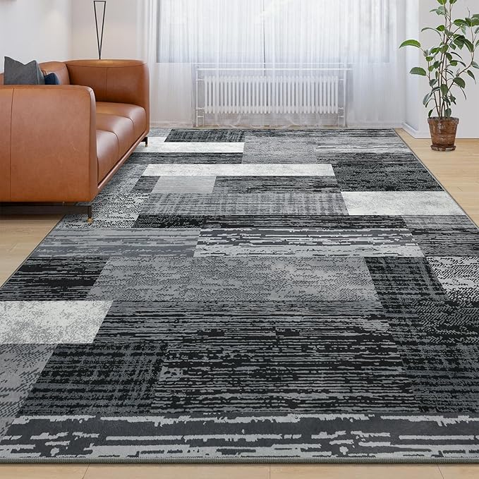 Large Area Rugs,Modern Geometric Patchwork Floor Decor for Bedroom Aesthetic Carpet, Rockwood Collection, Indoor Rugs for Living Room, Dining Room, Nursery, Office, Machine Washable Rug,8x10 Ft Grey