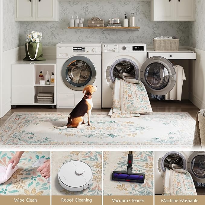 jinchan Vintage Floral Runner Rug 2x6 - Machine Washable Distressed Design Non-Slip Low-Pile Soft Thin Carpet for Hallway Kitchen Farmhouse Bedroom Entryway Laundry Room (2x6ft, Apricot Multi)
