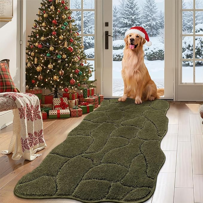 Large Dog Door Mat for Muddy Paws, 22x47 Absorbent Dirt Trapper Long Door Mat, Non-Slip Washable Mud Mat for Dogs, Polyester Microfiber Soft Pet Rug for Entryway, Mud Dog Paws, Patio (Olive Green)