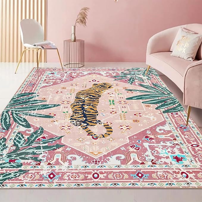 Pink Rug 4x6 Oriental Washable Non-Slip Tiger Rug Ultra Soft Vintage Print Tropical Carpet for Living Dining Playroom Nursery Camper