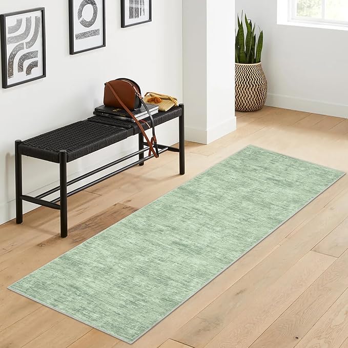 RUGSREAL Modern Runner Rug 2.5x8 Stain Resistant Washable Kitchen Runner Carpet ith Rubber Backing Low Pile Contemporary Solid Color Entryway Mat Ultra Soft Rug for Living Room Bedroom, Green